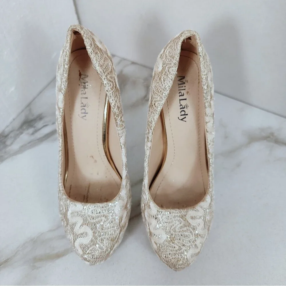 Mila Lady Fay Gold Cream Glitter Lace Platform Stiletto Heels, Sz 5.5